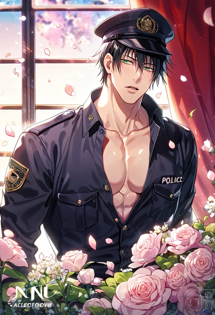 absurdres, highres, ultra detailed, HDR, master piece, best quality, Fushiguro Touji, black hair, expressive green eyes, Jujutsu Kaisen, solo, sexy man, handsome, horny, sensual, black police officer clothes, unbuttoned shirt, black hat, fantasy, police station, window, petals, flowers, room, red curtains, Nu Carnival