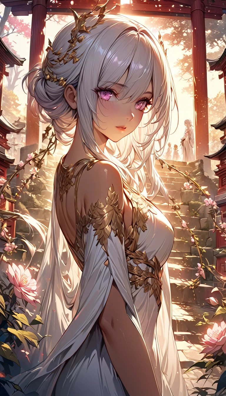 masterpiece, best quality, (extremely detailed CG unity 8k wallpaper), (best quality), (best illustration), (best shadow), absurdres, realistic lighting, Golden hour, Old shrine, beautiful detailed glow, art by PeterMohrBacher, Tall woman, warm brown skin, white hair, Pink eyes, Long flower vines in hair, Beautiful white dress with golden accessories and accents, 1 woman, lone woman, Etheral looking, Goddess