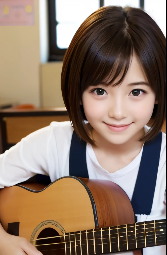 Beautiful girls 、short hair、smile、shy、cute、classroom、clear、19 years old、Beautiful Eyes、play the guitar