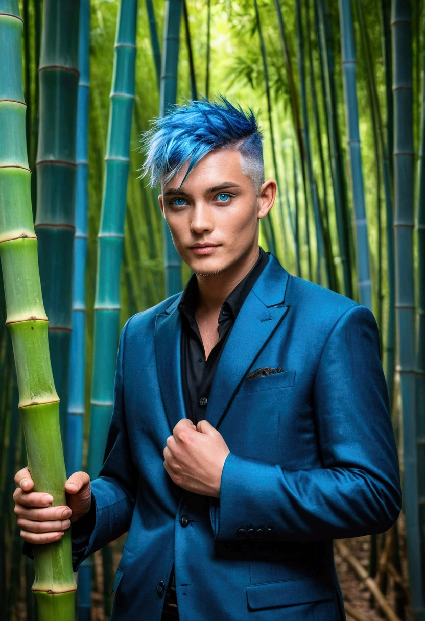 A gentleman with blue hair and blue eyes.,bamboo forest background