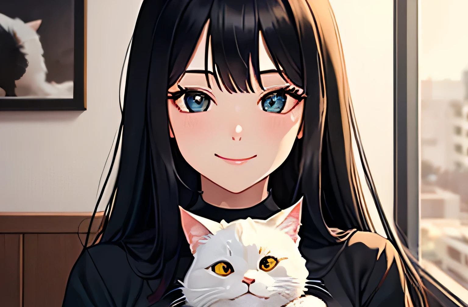 One Woman,Long black hair,At the cat cafe,Holding a cat,smile,whiteＴWearing a shirt,The eyes are particularly high quality