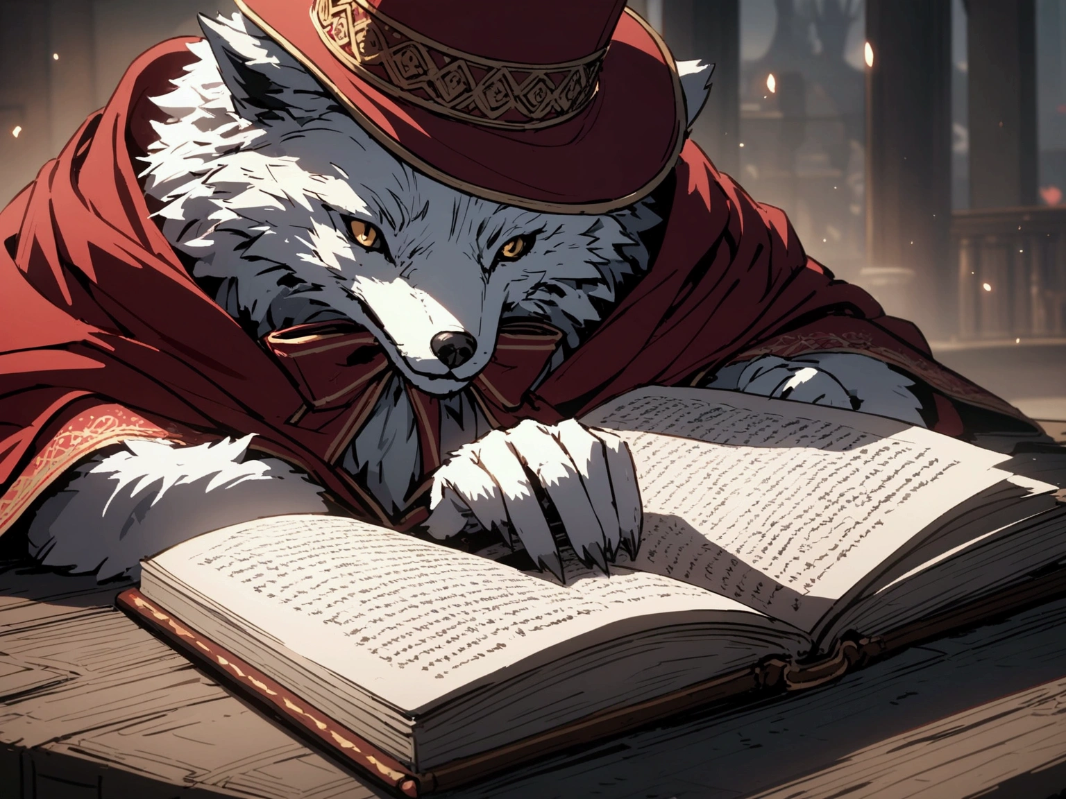 A wolf wearing a red cloak and a red top hat writing in a magical book 