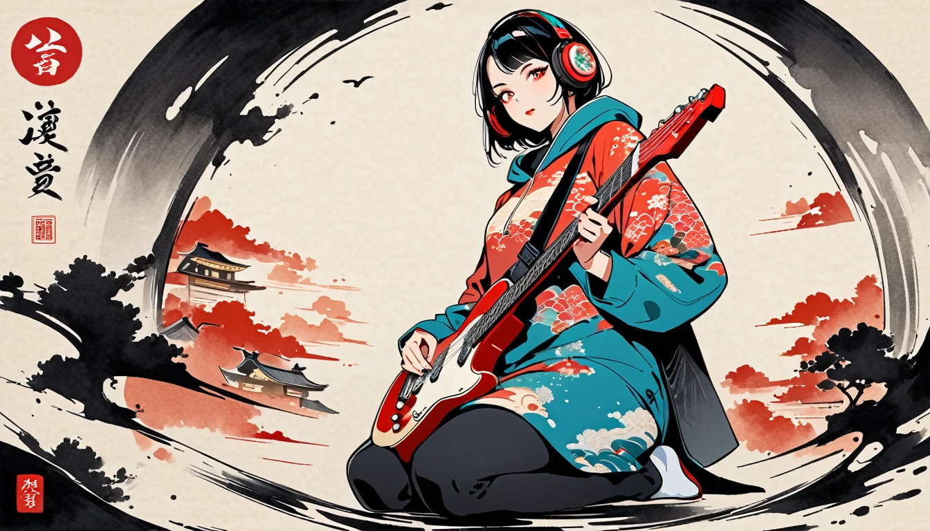 (((Ink Painting))), (((seiza))), (((from below))), (((front view))), (((Flashy makeup))), (((Japanese style headphones))), (((Japanese pattern hoodie))), (((Put on the hood))), (((Electric guitar))), Japan人の美少女, Black Hair, Delicate and precise, Modern ukiyo-e style,Japan, Japanese flag, vivid color