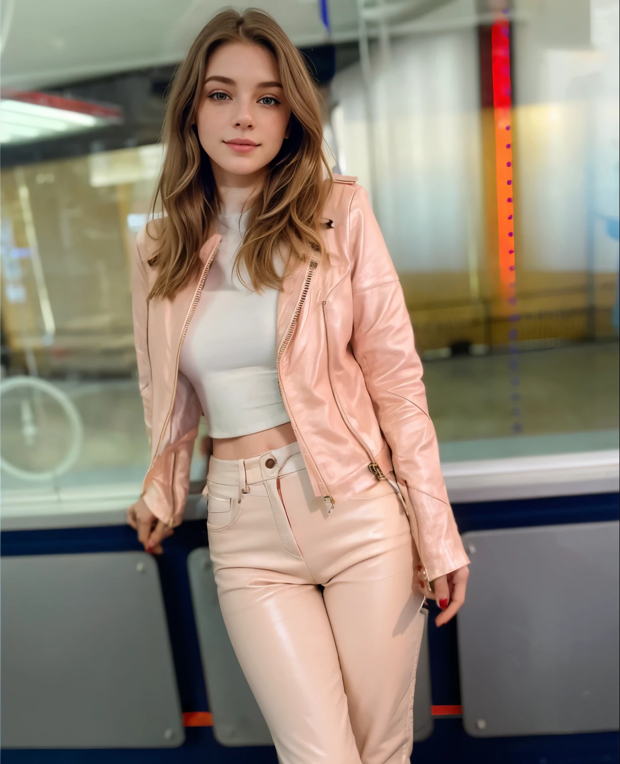 Woman, americana, age 25, pale skin and freckles, grey-eyed, delicate nose, soft and delicate lips, distant, cabelo blondie distant e ondulado na altura da cintura, Sweet smile, face with delicate feminine facial features, highly rendered, black leather pants