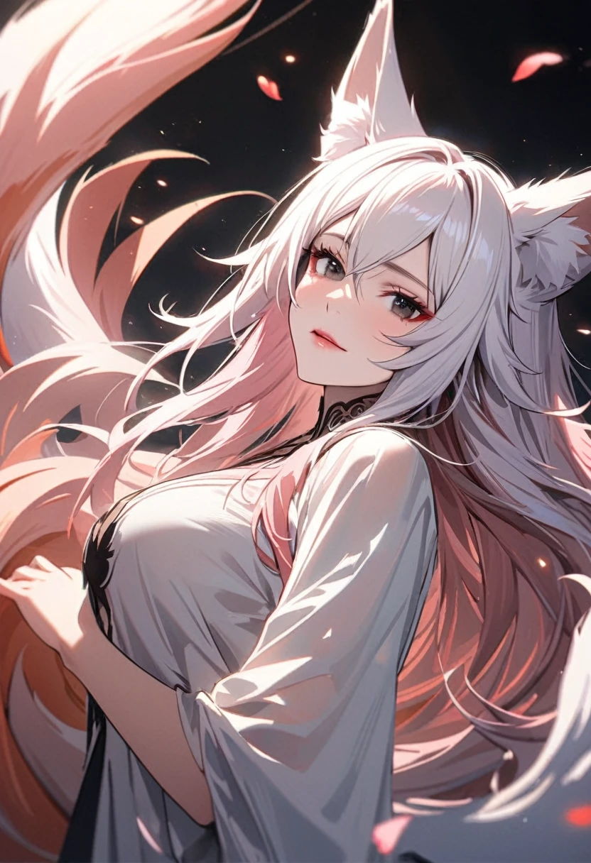 female, nine-tailed female, female fox, nine-tailed fox, fox ears, white hair, pink hair, long hair, black eyes, pretty, beautiful, beautiful color, mature, dress, flying petals, super detail, beautiful color,peerless beauty, high quality, macro picture, adult, deep chin