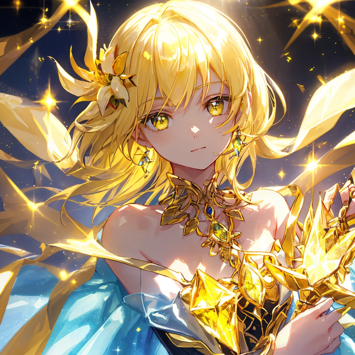 1 girl masterpiece, highest quality, shape, yellow sapphire eyes and hair, yellow sapphire earrings, yellow sapphire necklace, sword, metal fairy, cute, (dynamic lighting:1.2), cinematic lighting, delicate features, fine eyes, sharp pupils, realistic student, written boundary depth, Bokeh, sharp focus, (very detailed, bloom, shine:1.4), lots of little gems