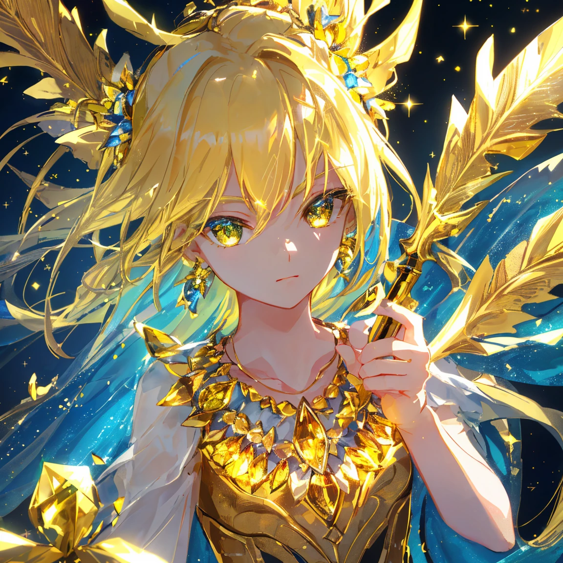 1 girl masterpiece, highest quality, shape, yellow sapphire eyes and hair, yellow sapphire earrings, yellow sapphire necklace, sword, metal fairy, cute, (dynamic lighting:1.2), cinematic lighting, delicate features, fine eyes, sharp pupils, realistic student, written boundary depth, Bokeh, sharp focus, (very detailed, bloom, shine:1.4), lots of little gems