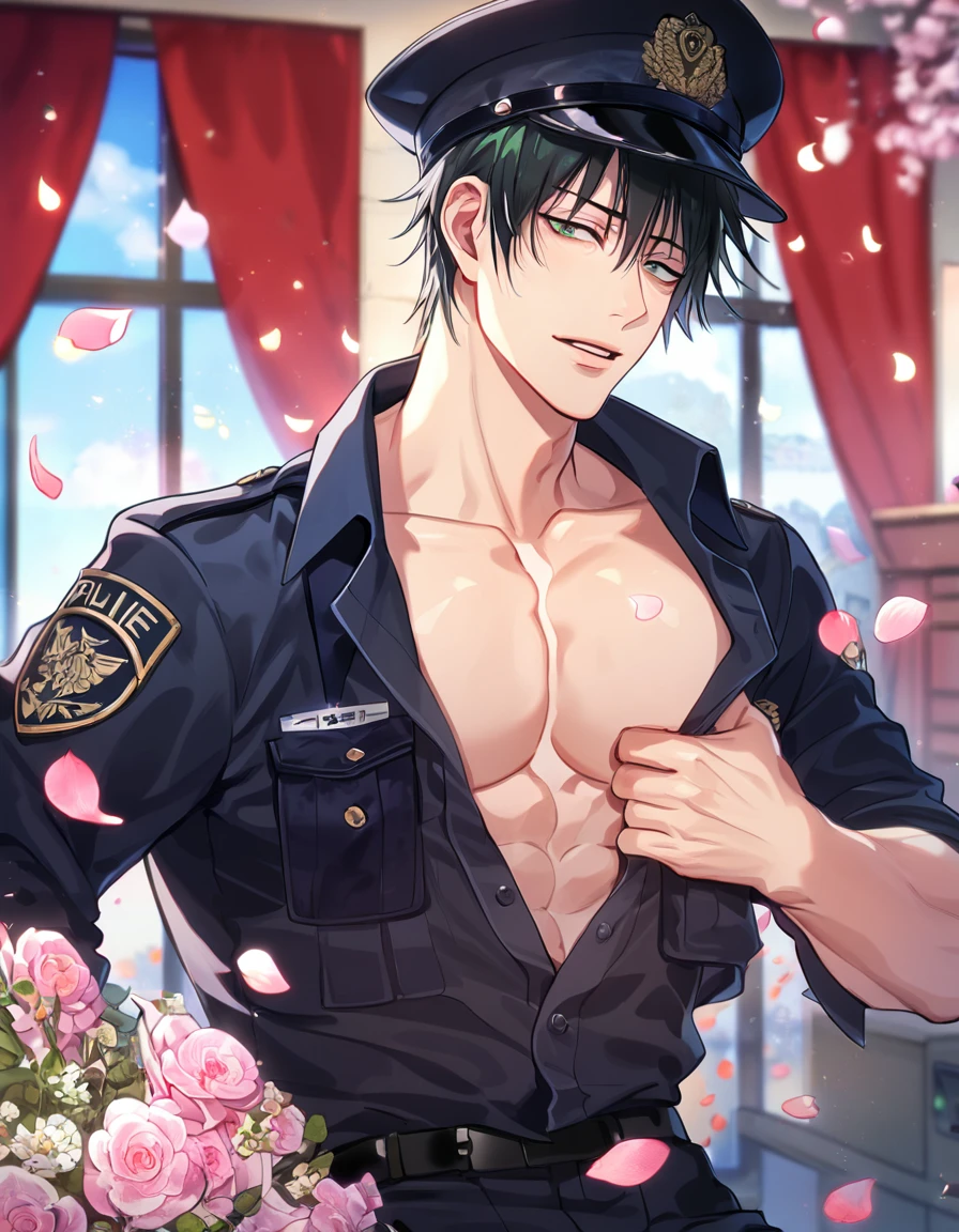 absurdres, highres, ultra detailed, HDR, master piece, best quality, Fushiguro Touji, black hair, expressive green eyes, Jujutsu Kaisen, solo, sexy man, handsome, horny, sensual, black police officer clothes, unbuttoned shirt, black hat, fantasy, police station, window, petals, flowers, room, red curtains, Nu Carnival