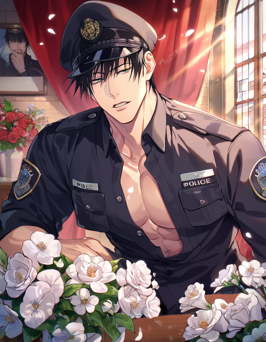 absurdres, highres, ultra detailed, HDR, master piece, best quality, Fushiguro Touji, black hair, expressive green eyes, Jujutsu Kaisen, solo, sexy man, handsome, horny, sensual, black police officer clothes, unbuttoned shirt, black hat, fantasy, police station, window, petals, flowers, room, red curtains, Nu Carnival