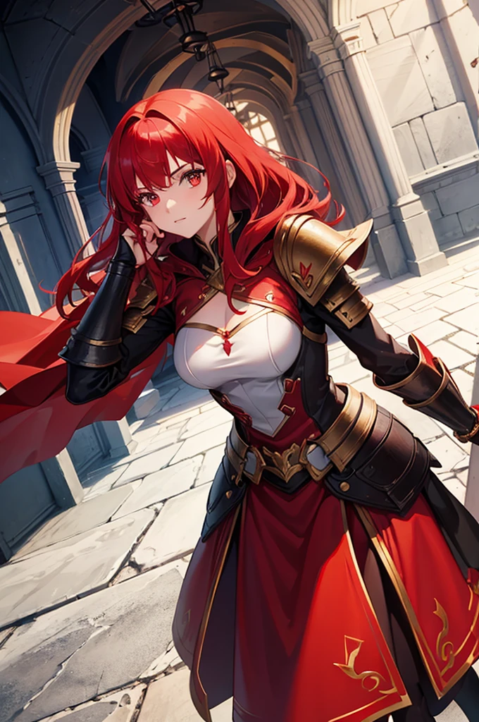 A girl with red hair and red eyes wearing a female armor with a red cape with a castle hallway background