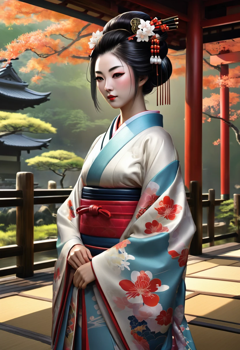 Необходимо создать concept-арт гейши для MMORPG, centered on a Japanese setting. full length, concept, full length пероснаж, A geisha should inspire grace, sophistication and mystery, typical of Japanese culture. Picture her in a traditional kimono with details, reflecting her status and professionalism. It is important to convey her grace and expressiveness through her pose and facial expression.. digital painting, full length, concept, full length пероснаж