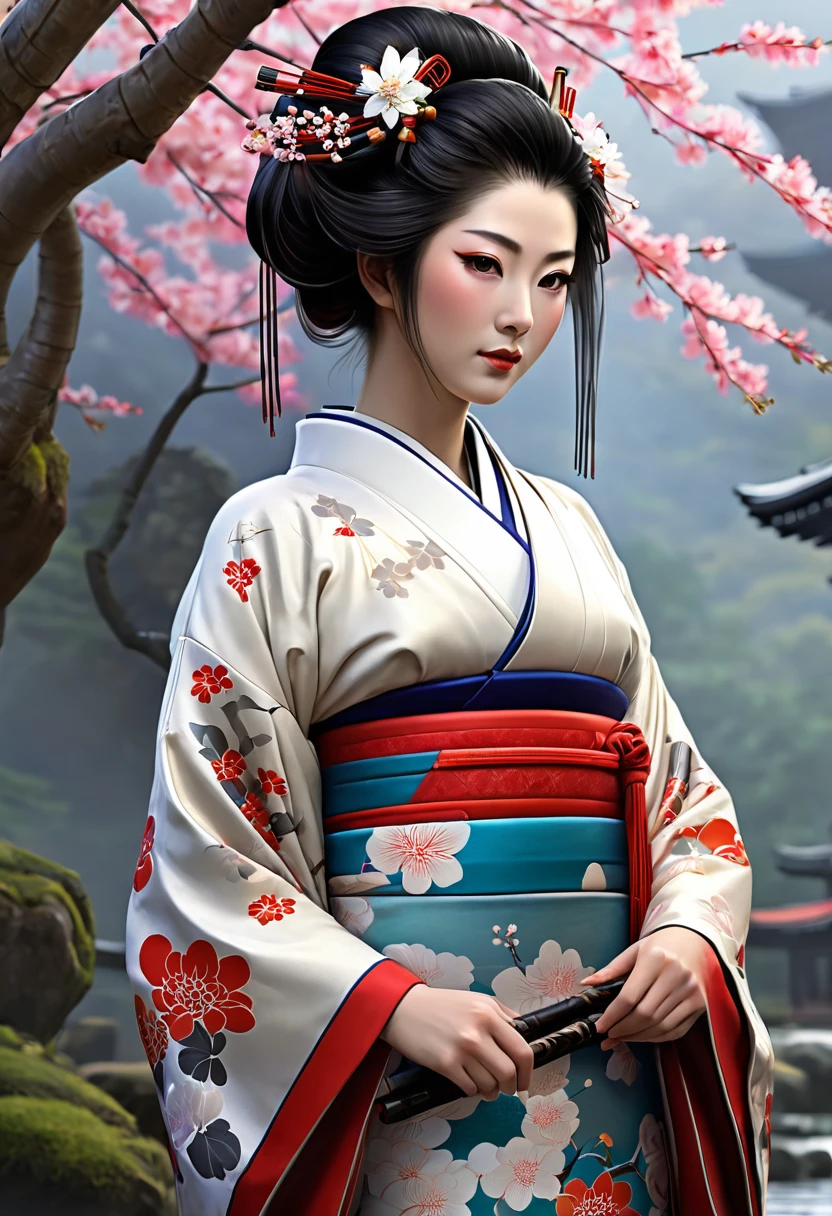 Необходимо создать concept-арт гейши для MMORPG, centered on a Japanese setting. full length, concept, full length пероснаж, A geisha should inspire grace, sophistication and mystery, typical of Japanese culture. Picture her in a traditional kimono with details, reflecting her status and professionalism. It is important to convey her grace and expressiveness through her pose and facial expression.. digital painting, full length, concept, full length пероснаж