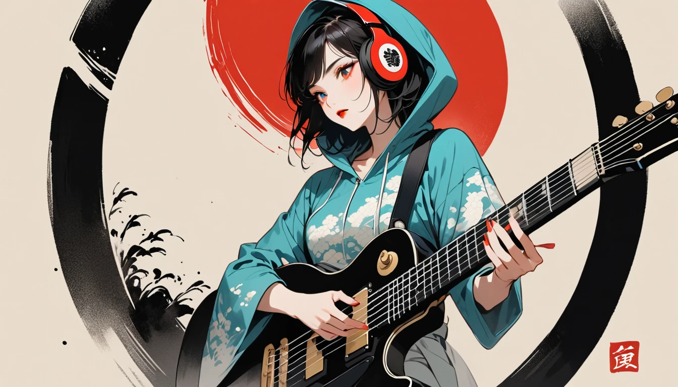 (((Ink Painting))), (((seiza))), (((from below))), (((front view))), (((Flashy makeup))), (((Japanese style headphones))), (((Japanese pattern hoodie))), (((Put on the hood))), (((Electric guitar))), Japan人の美少女, Black Hair, Delicate and precise, Modern ukiyo-e style,Japan, Japanese flag, vivid color