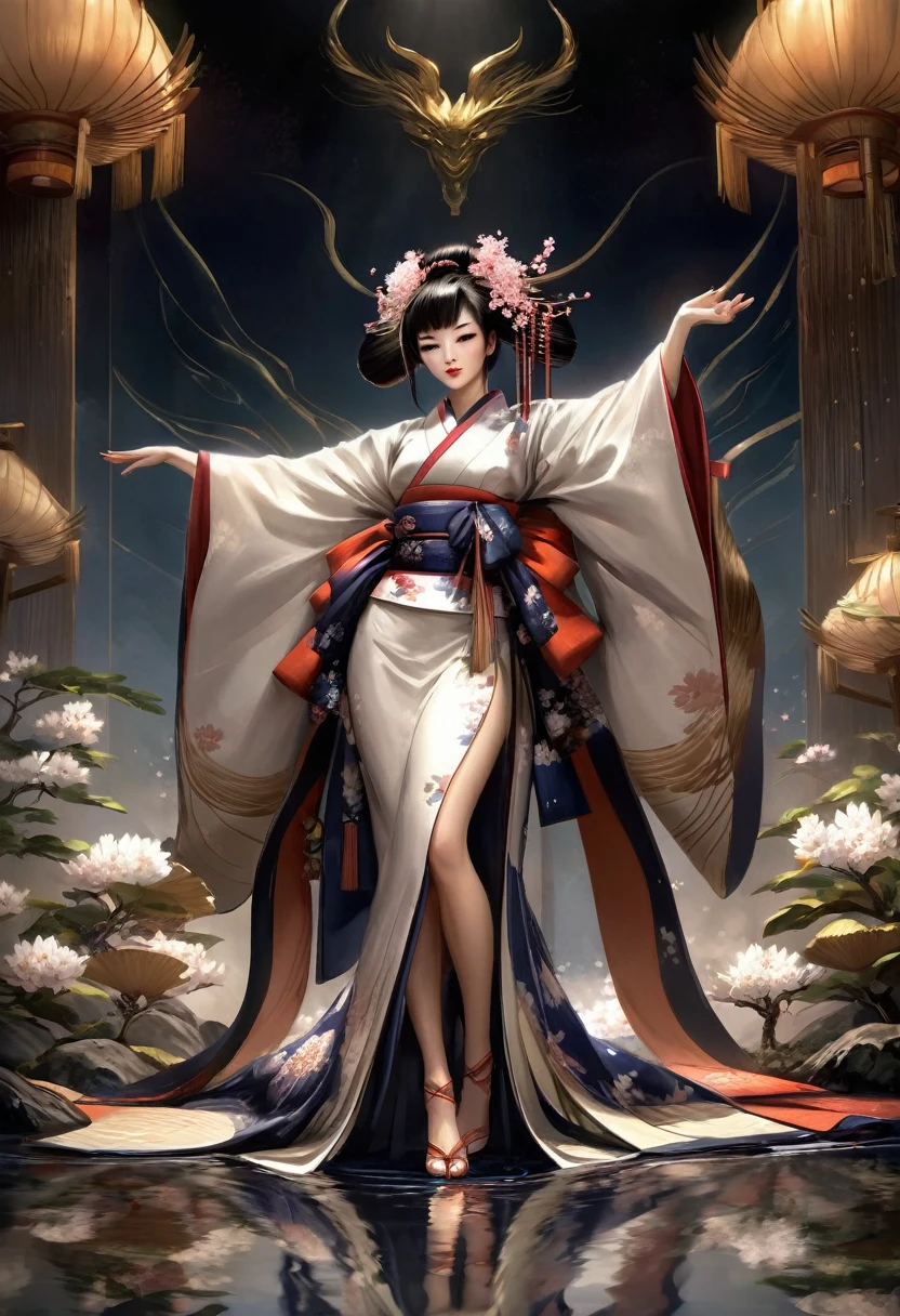 Необходимо создать concept-арт гейши для MMORPG, centered on a Japanese setting. full length, concept, full length пероснаж, A geisha should inspire grace, sophistication and mystery, typical of Japanese culture. Picture her in a traditional kimono with details, reflecting her status and professionalism. It is important to convey her grace and expressiveness through her pose and facial expression.. digital painting, full length, concept, full length пероснаж