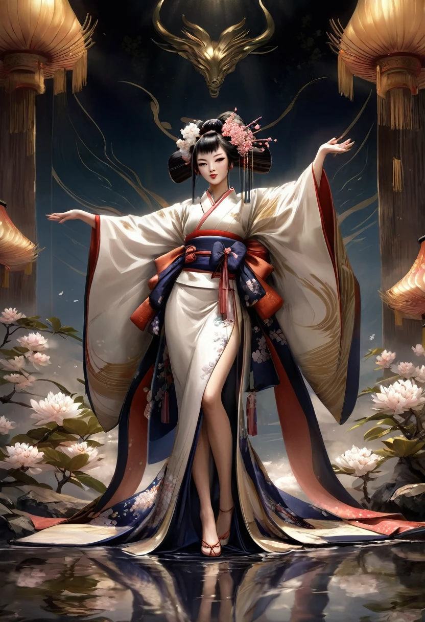 Необходимо создать concept-арт гейши для MMORPG, centered on a Japanese setting. full length, concept, full length пероснаж, A geisha should inspire grace, sophistication and mystery, typical of Japanese culture. Picture her in a traditional kimono with details, reflecting her status and professionalism. It is important to convey her grace and expressiveness through her pose and facial expression.. digital painting, full length, concept, full length пероснаж