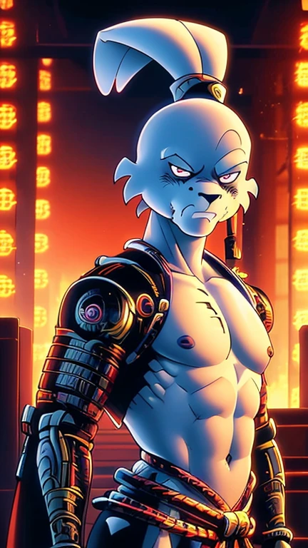 (1man, usagi yojimbo), (extremely detailed CG unit 8k wallpaper),(master part), (best quality), (ultra detali), (best illustration),(Samurai, Cybernetic), cowboy shot, (Sharp eyeliner, ombre, detailed eyes:1), dark neon light cyberpunk indoors,break , (artwork), upper body