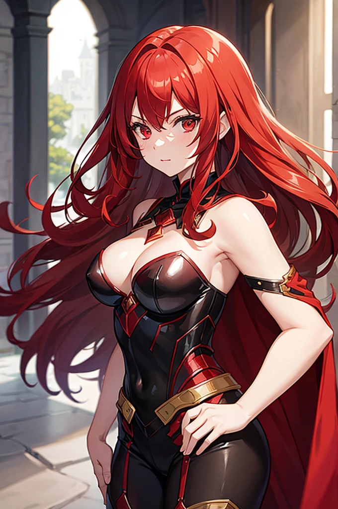 A girl with red hair and red eyes wearing a female armor with a red cape with a castle hallway background 