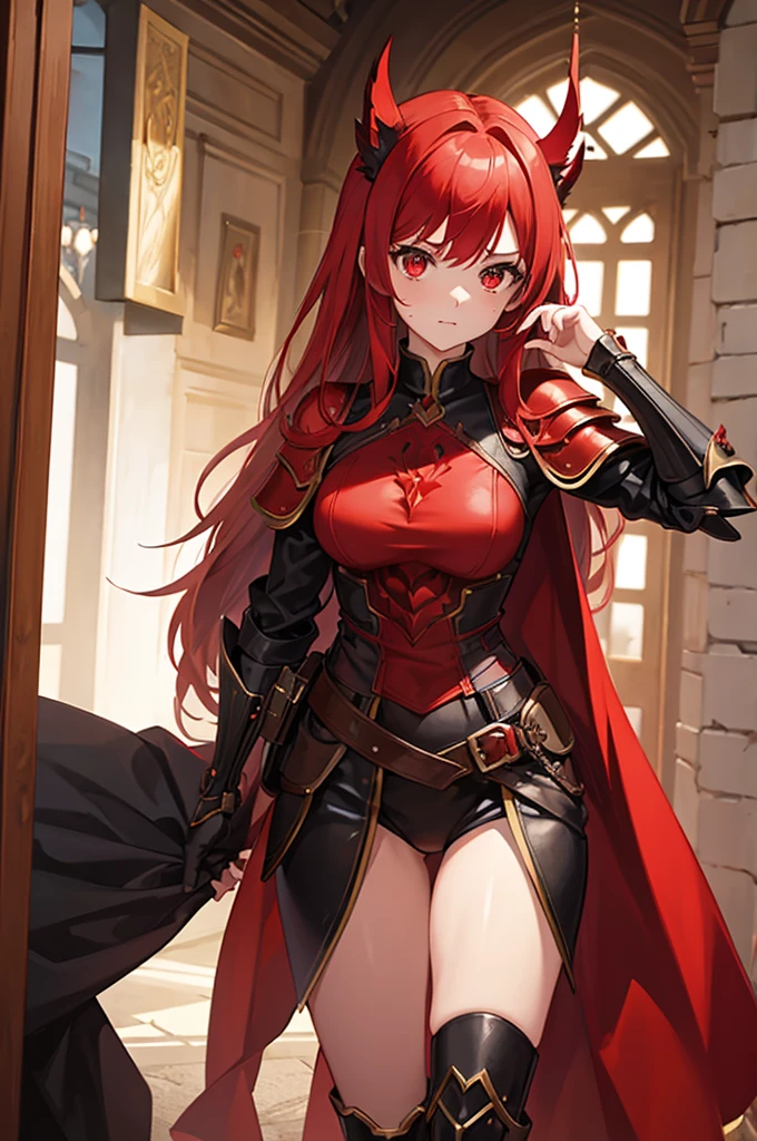 A girl with red hair and red eyes wearing a female armor with a red cape with a castle hallway background 