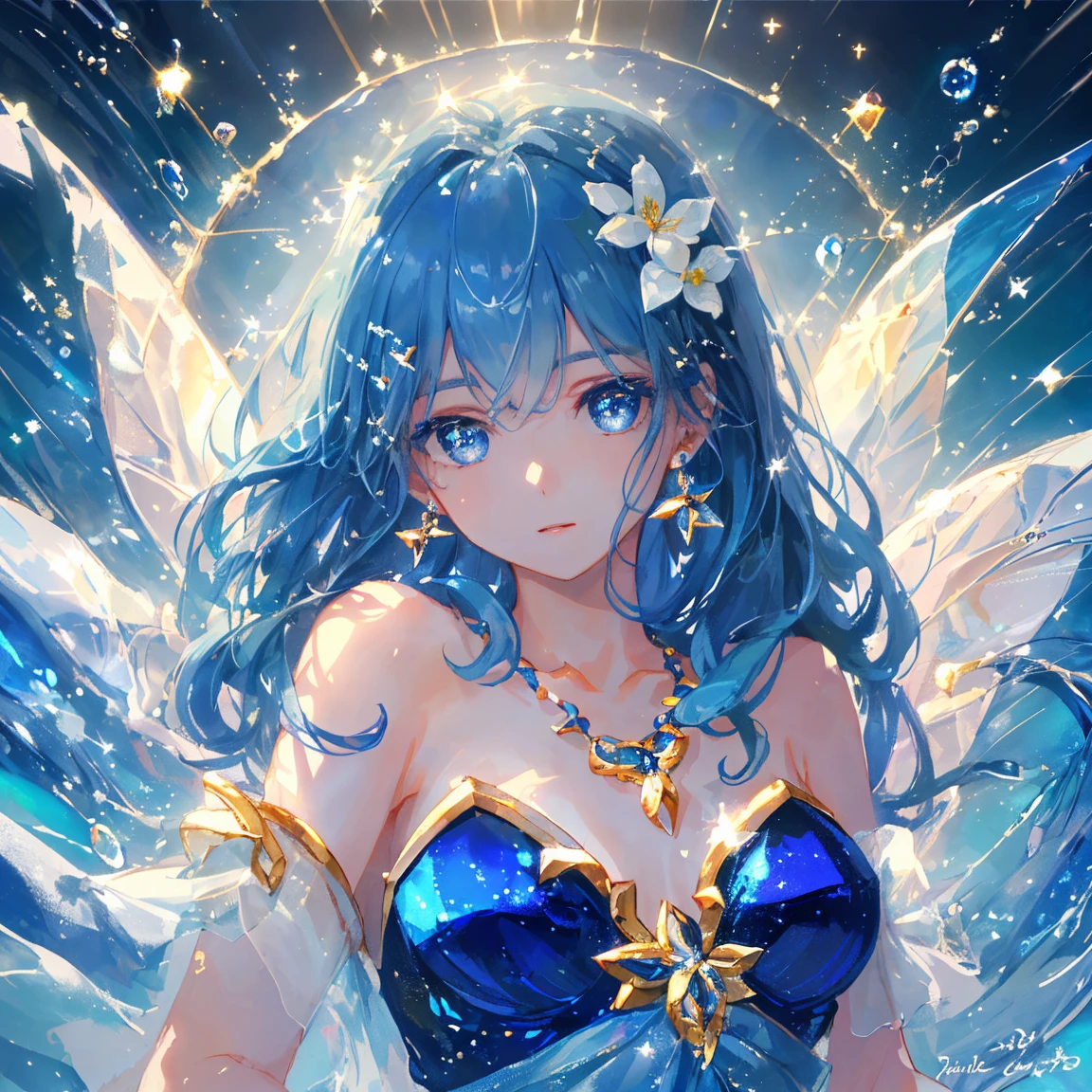 1 girl masterpiece, highest quality, shape, lapis lazuli eyes and hair, lapis lazuli earrings, lapis lazuli necklace, sea, water fairy, cute, (dynamic lighting:1.2), cinematic lighting, delicate features, fine eyes, sharp pupils, realistic student, written boundary depth, Bokeh, sharp focus, (very detailed, bloom, shine:1.4), lots of little gems