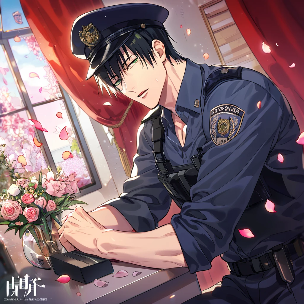 absurdres, highres, ultra detailed, HDR, master piece, best quality, Fushiguro Touji, black hair, expressive green eyes, Jujutsu Kaisen, solo, sexy man, handsome, horny, sensual, black police officer clothes, unbuttoned shirt, black hat, fantasy, police station, window, petals, flowers, room, red curtains, Nu Carnival