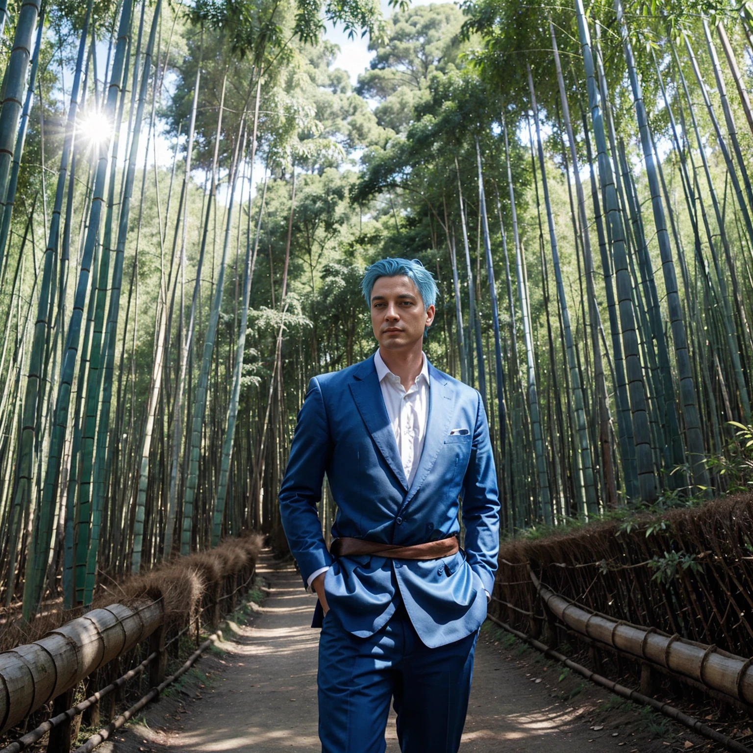 A gentleman with blue hair and blue eyes.,bamboo forest background