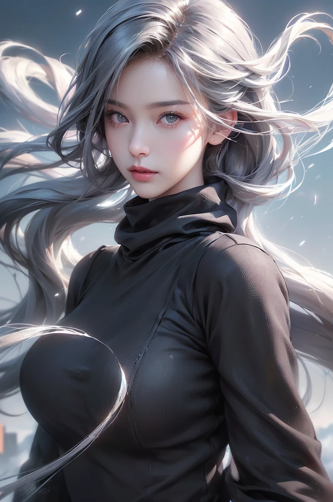 ((masterpiece:1.5、8k、Portraiture、フォトリアリスティックでVery detailedなCG、Very detailed、Particle Effects、Dynamic Effects、Written boundary depth、Cinematic Light、Lens flare、Ray Tracing、Tabletop、Realistic:1.4、Ultra-high resolution:1.2、Realistic、Realistic))((alone、Turtleneck dress,No sleeve、Woman in a black fur coat:1.4、Exposed sideways breast doll-like pose、Detailed face、bright表情、young, bright, Whiter skin、Small breasts:1.4、Best Looks、Ultimate beauty、Grey hair with shiny highlights:1.8、bright and shiny hair,、Arranged Hair、Hair dancing in the wind))(morning、In the background is a snowy hill overlooking the ruins...)
