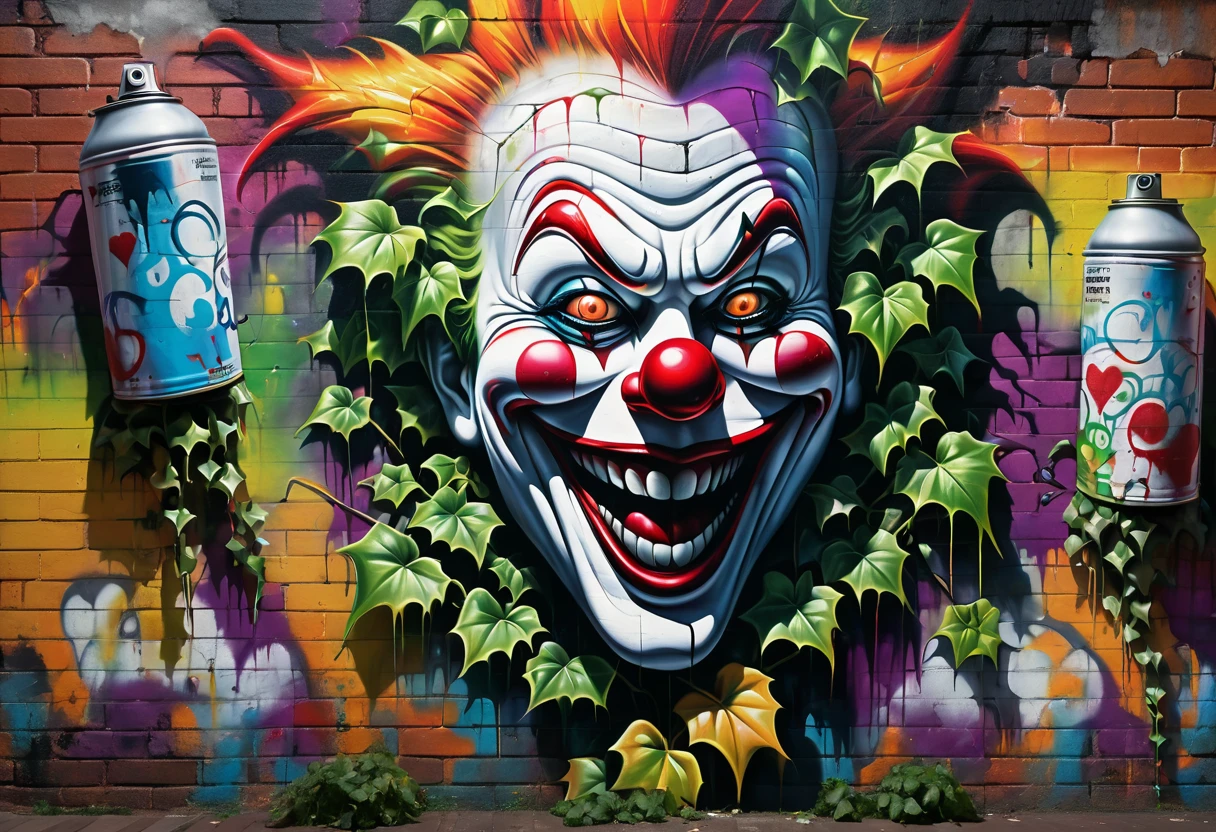 Graffiti art, Spray art, (((ivy: 1.3))) is growing on a brick wall. (((Spray cans: 1.3))). Creepy clown, hyper-realistic 3D image, menacing grin, reaching out with long, bony fingers, vibrant colors, haunted carnival background, intricate details, whimsical yet eerie atmosphere, tattered and torn clothes, foggy surroundings, dramatic lighting, ultra fine, octane rendering., #graffiti on brick wall, #spray painting on wall, #color graffiti, Aerosol art