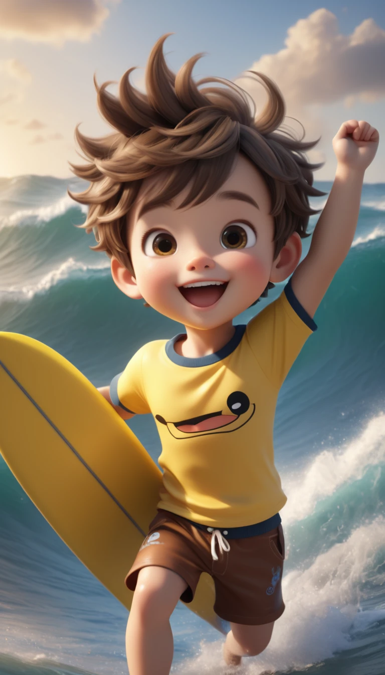 menino, 13 anos, sorrindo, cabelos negros, olhos castanhos, alegres e marcantes, surfando no mar estilo cartoon, estilo personagens Disney, Imagem de melhor qualidade --auto