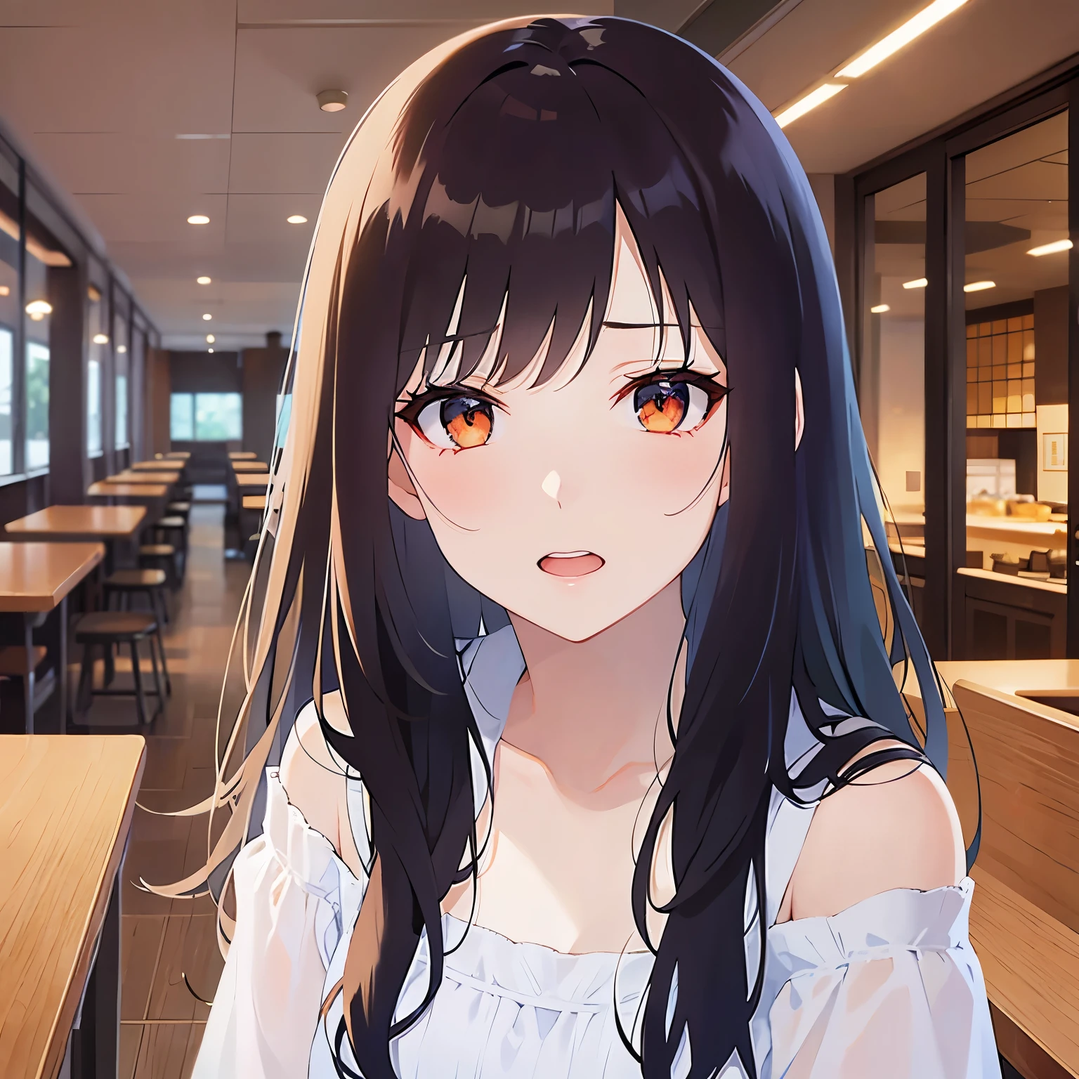looking up, Close-up of your face, (pale skin: 1.2), shiny skin, shiny hair、(A 25-year-old woman with medium-length hair and bangs) and (wavy hair) and (brown hair) and (orange eyes) , (white) and (off shoulder blouse) 、(sad:1.3), open mouth, The background is the interior of a restaurant at night.、Alone、Are standing\