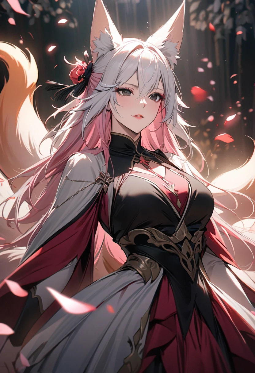 
female, nine-tailed female, female fox, nine-tailed fox, fox ears, white hair, pink hair, long hair, black eyes, pretty, beautiful, beautiful color, mature, dress, flying petals, super detail, beautiful color,peerless beauty, deep chin, adult