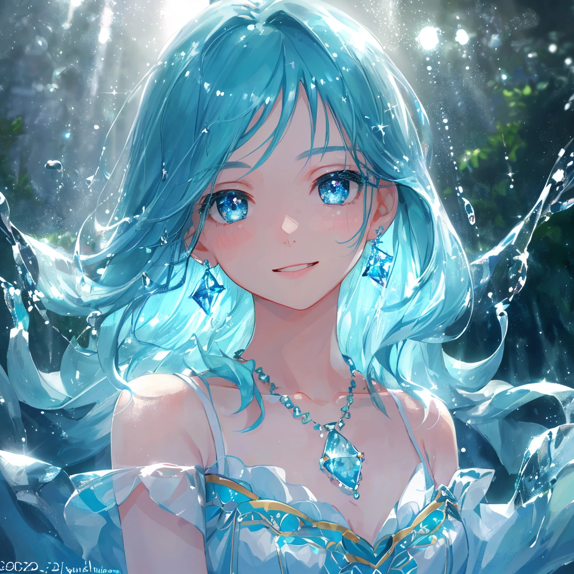 1 girl masterpiece, highest quality, shape, beautiful smile Aquamarine eyes and hair, Aquamarine earrings, Aquamarine necklace, rain, water angel, cute, (dynamic lighting:1.2), cinematic lighting, delicate features, fine eyes, sharp pupils, realistic student, written boundary depth, Bokeh, sharp focus, (very detailed, bloom, shine:1.4), lots of little gems
