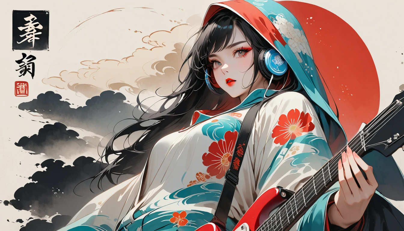 (((Ink Painting))), (((seiza))), (((from below))), (((front view))), (((Flashy makeup))), (((Japanese style headphones))), (((Japanese pattern hoodie))), (((Put on the hood))), (((Electric guitar))), Japan人の美少女, Black Hair, Delicate and precise, Modern ukiyo-e style,Japan, Japanese flag, vivid color