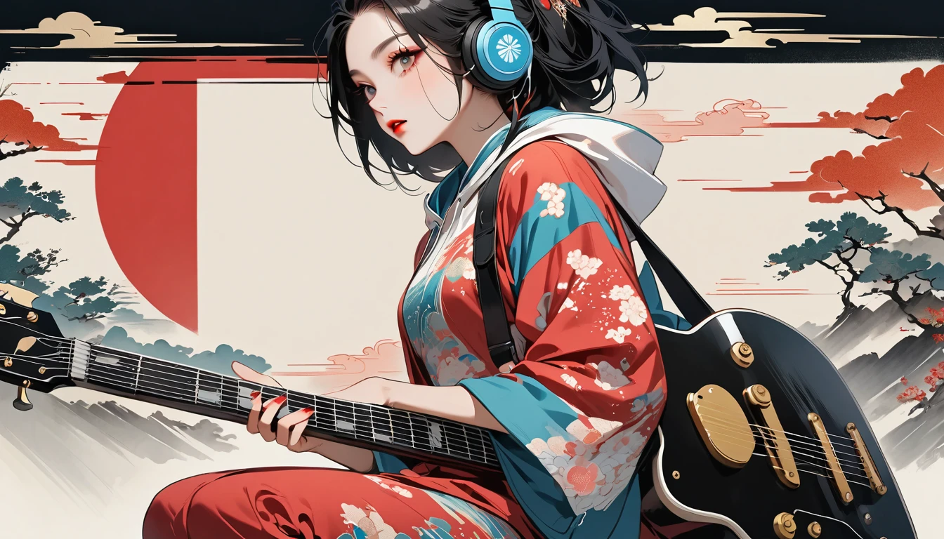 (((Ink Painting))), (((seiza))), (((from below))), (((front view))), (((Flashy makeup))), (((Japanese style headphones))), (((Japanese pattern hoodie))), (((Put on the hood))), (((Electric guitar))), Japan人の美少女, Black Hair, Delicate and precise, Modern ukiyo-e style,Japan, Japanese flag, vivid color