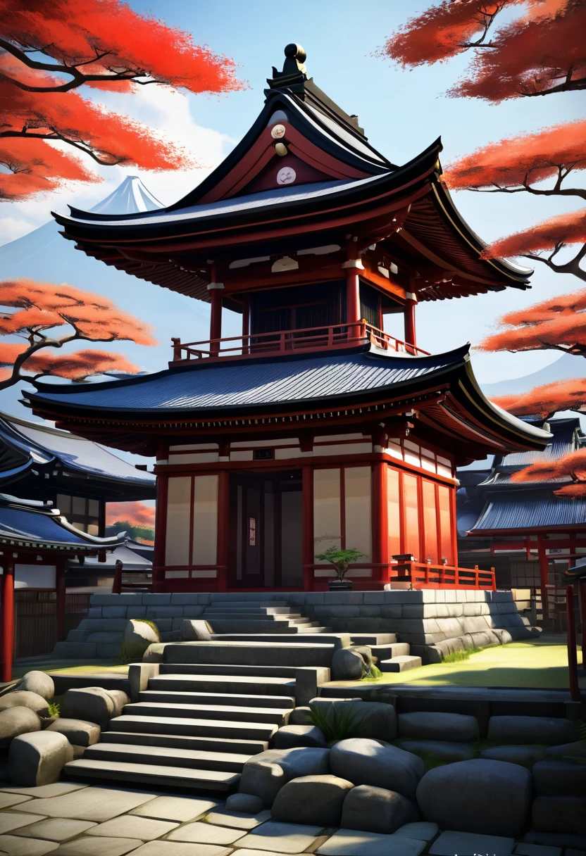 Need to create concept art of a geisha for an MMORPG, centered on a Japanese setting. Zenkoji Temple is a sacred place in our game, set in a Japanese setting. This place has deep spiritual significance for the gaming world, for cultural and religious events. The temple is a stone structure with features characteristic of Japanese architecture.: pagoda style roof, curved roofs, wooden posts and panels. digital painting, 