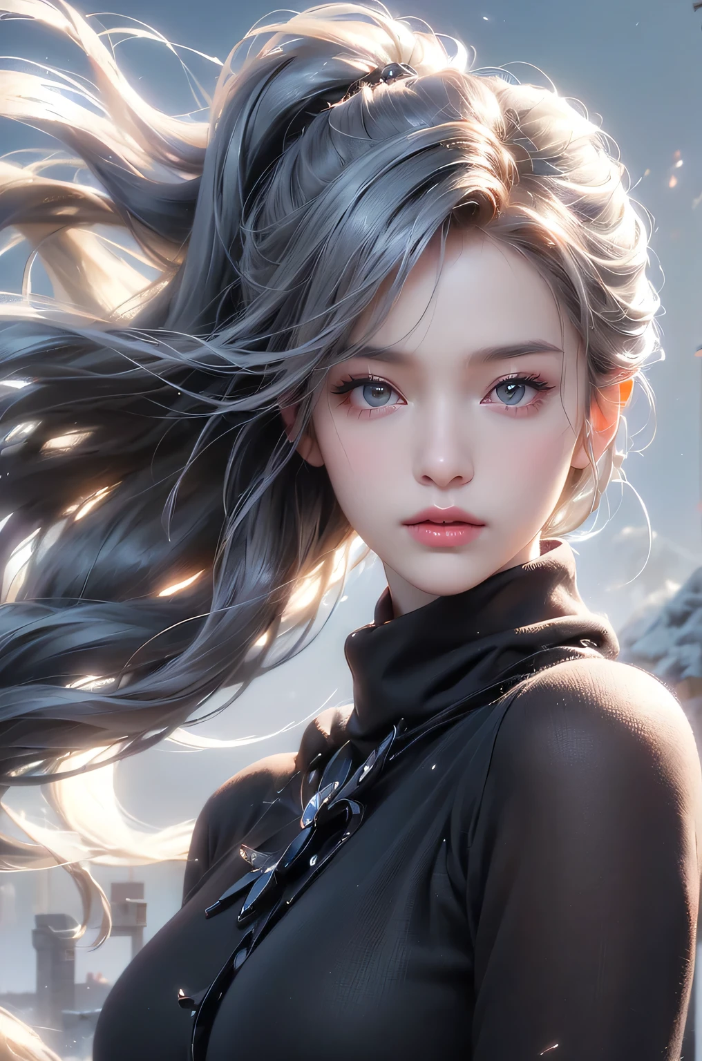 ((masterpiece:1.5、8k、Portraiture、Photorealistic and very detailed CG、Very detailed、Particle Effects、Dynamic Effects、Written boundary depth、Cinematic Light、Lens flare、Ray Tracing、Tabletop、Realistic:1.4、Ultra-high resolution:1.2、Realistic、Realistic))((alone、Turtleneck dress,No sleeve、Woman in a black fur coat:1.4、Exposed sideways breast doll-like pose、Detailed face、brightexpression、young, bright, Whiter skin、Small breasts:1.4、Best Looks、Ultimate beauty、Grey hair with shiny highlights:1.8、bright and shiny hair,、Arranged Hair、Hair dancing in the wind))(morning、In the background is a snowy hill overlooking the ruins...)