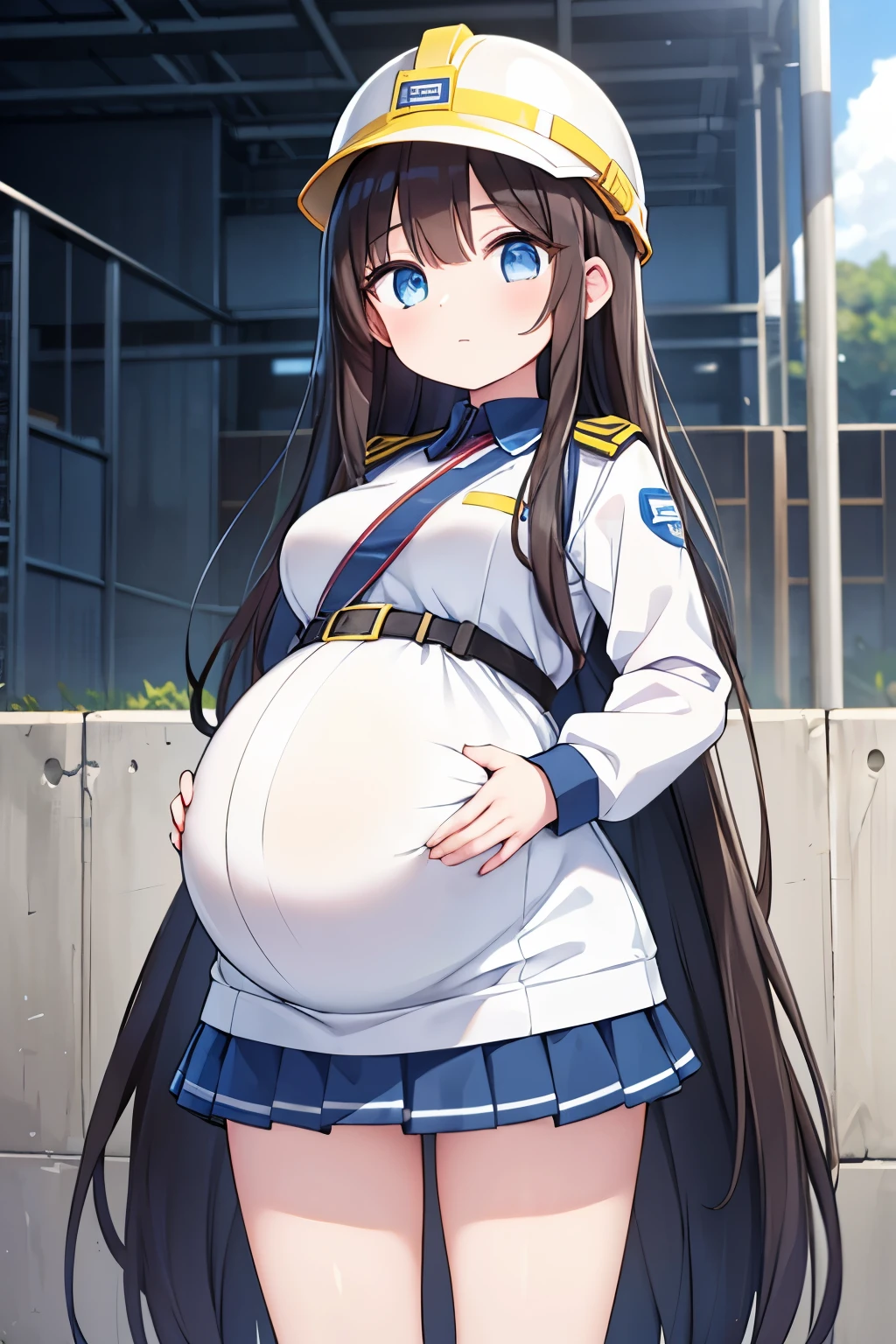 (high quality), 1girl, young girl, long dark hair, engineer, (pregnant), uniform, white safety helmet, skirt, standing, site background, (comfortable expressions, detailed eyes, facing at front)