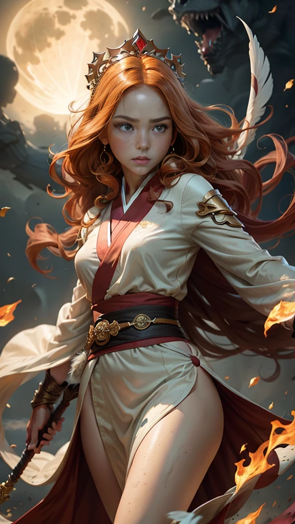 Young princess ((fighting monsters)), striking figure, long flowing ginger hair, wavy hairs, fair skin, (freckles), ((kolito)), innocent and regal appearance, expressive green eyes are filled with a mix of curiosity and determination, her slender frame, elegant grace, vibrant orange kimono with white and black decorations, very long sleeves, feather headdress, no background, combat pose, dynamic pose, holding a staff