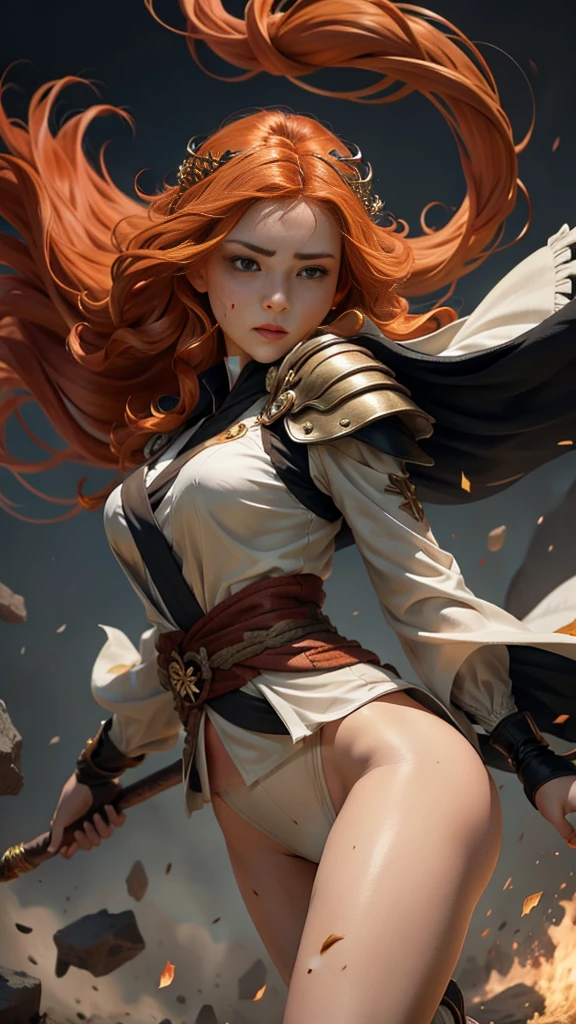 Young princess ((fighting monsters)), striking figure, long flowing ginger hair, wavy hairs, fair skin, (freckles), ((kolito)), innocent and regal appearance, expressive green eyes are filled with a mix of curiosity and determination, her slender frame, elegant grace, vibrant orange kimono with white and black decorations, very long sleeves, feather headdress, no background, combat pose, dynamic pose, holding a staff