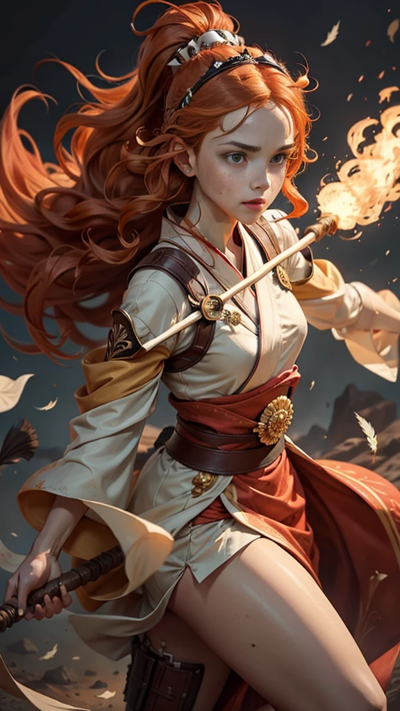 Young princess ((fighting monsters)), striking figure, long flowing ginger hair, wavy hairs, fair skin, (freckles), ((kolito)), innocent and regal appearance, expressive green eyes are filled with a mix of curiosity and determination, her slender frame, elegant grace, vibrant orange kimono with white and black decorations, very long sleeves, feather headdress, no background, combat pose, dynamic pose, holding a staff