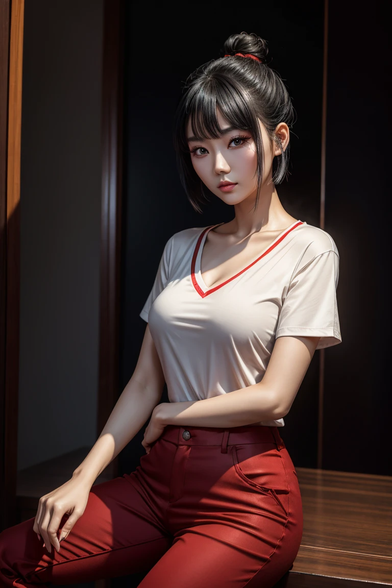 8K, Best Quality, Extremely Detailed, Chinese Woman, 26 year old, smokey makeup, black hair, short hair, bun, straight hair, calm eyes, Beijing, v-neck shirt, red pants, medium shot,