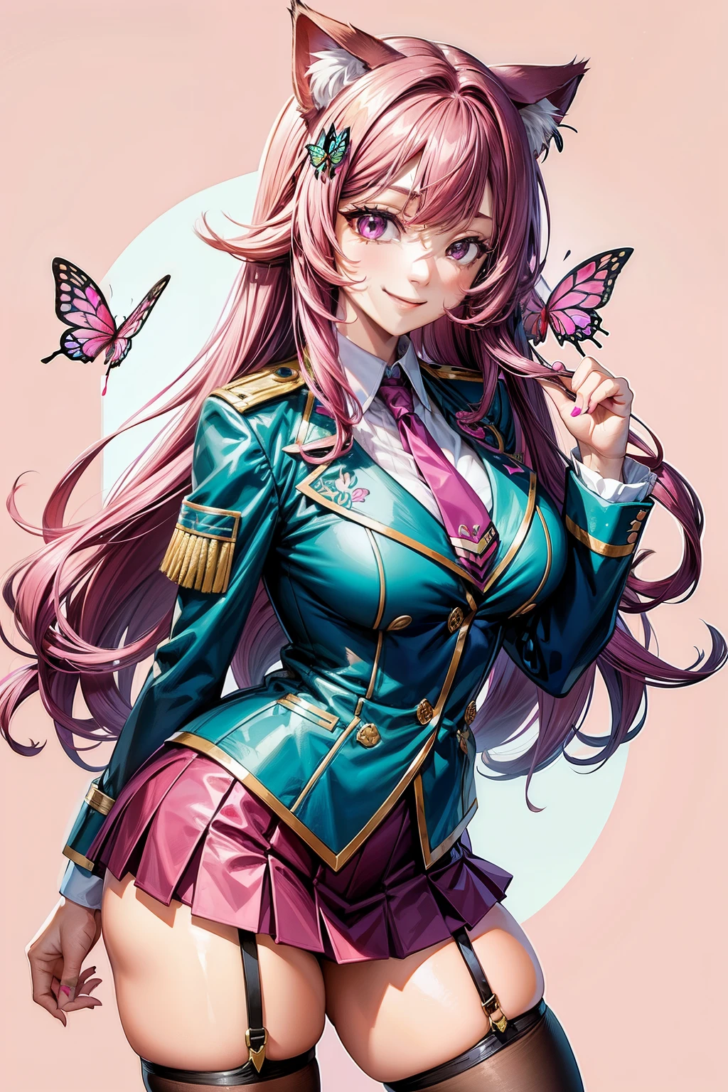 Magenta hair, brown eyes, older woman, hair bows, cat ears, long hair, smiling face, sexy outfit, butterflies, teal and gold outfit, butterfly background, uniform top