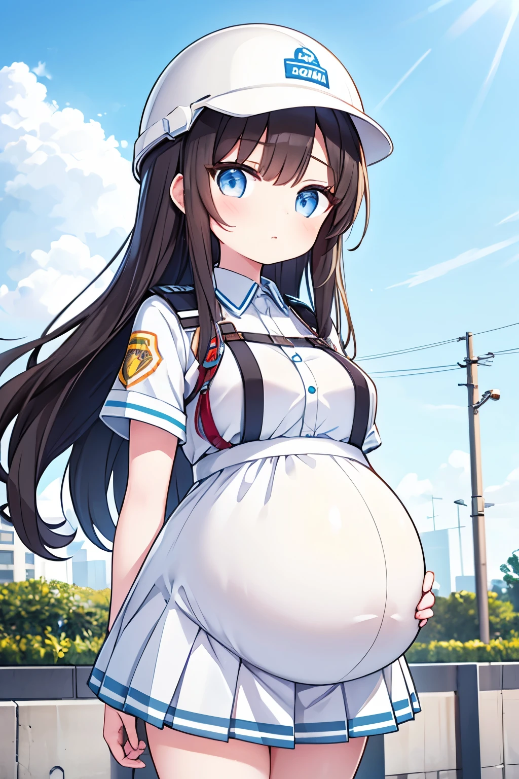 (high quality), 1girl, young girl, long dark hair, engineer, (pregnant), uniform, white safety helmet, skirt, standing, site background, (comfortable expressions, detailed eyes, facing at front)