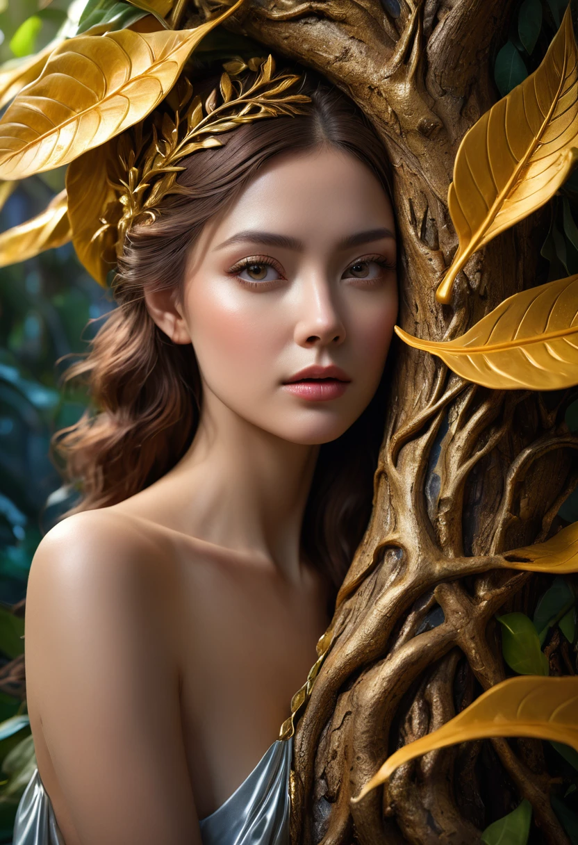 Surreal woman, mystery, Tree Woman, Ear, Nose and Throat, huge, Leaves, bark, Expressive eyes, character study, Golden Ratio, Extremely detailed, 8K resolution, photography, close up, Ultra Detailed, Like a dream, Woodcarving, complexd details, beautiful, rich deep colors masterpiece, Clear focus, Extremely detailed, Mumford and Waterhouse style, Golden Light, The award-winning, professional, Very detailed, complex, Volumetric Lighting, Gorgeous, masterpiece, Clear focus, Depth of Field, Perfect composition, Pixiv trends, Art Station, Photo-realistic, Movie, Stills, Shot in the style of a Sony Alpha A7 III camera