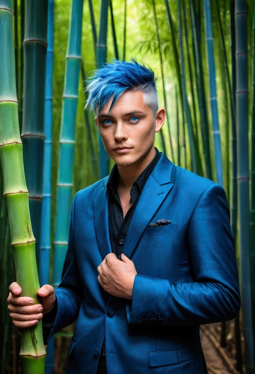 A gentleman with blue hair and blue eyes.,bamboo forest background