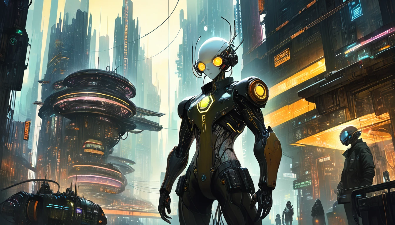 A man with mechanized body parts in the cyberpunk style stands out.. Circuits and cables are visible on his transparent skin., while his eyes glow with colored LEDs. The limbs are a mixture of flesh and metal., with advanced prosthetics and cybernetic interfaces. wear a black leather jacket, The character is set in a dystopian urban setting with collapsing skyscrapers.. The image represents the fusion of man and mechanics in a futuristic cyberpunk world. futuristic city.1.5, metal city, lots of details (Dave Mckean inspired art, intricate details, oil painting)