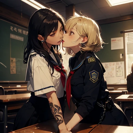 Browsing Caution,(Tabletop:1.2, Highest quality:1.2), 32k HDR, High resolution, ((Two contrasting women)),((Two women in love)),((Two women hugging each other)),Japanese women,(tattoo),Goth Punk Haircut, Flat bangs, Black lipstick, Mid-chest, Earrings,Crouching posture,両足を開いてSquat,Showing off your crotch,Both arms are chained,handcuffs,Showing nipples,One is blonde,Dimly lit room,Squat,Embarrassing, Watery eyes,Sad expression,Looking into the camera,とてもBeautiful Eyes, Flat Chest,Tragic,A fleeting look,((I have both)),((The penis is growing)),((ejaculation)),((Rubbing the penis)),((Straight erect penis)),((全身にtattoo)),(Deep Kiss),(constrained),(rope),(bondage),(ropeで縛られている),(Tortoiseshell binding),Dedication,inhale,Lick,(Hanging),((Sailor suit)),classroom,((School)),(uniform),((Sailor suitの徒)),Highest quality、masterpiece、8k、Realistic、超High resolution、Very delicate and beautiful、High resolution、Cinema Lighting、medium range shooting、Perfect female body、Beautiful woman、Mature Woman、Beautiful Eyes、Cityscape、(Hime cut:1.8、Red eyes、short hair:1.8、Black Hair、Purple ribbon)、((Female police officer:1.4、紺色のFemale police officer、Female police officer'cap、uniformボタン、Navy blue tie、uniformジャケット、White gloves))、pantyhose、Pencil Skirt、Stiletto heel pumps、Police Badge、Epaulettes、