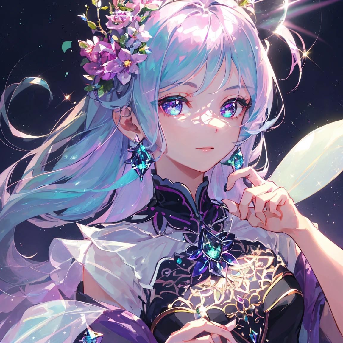 1 girl masterpiece, highest quality, shape, alexandrite eyes and hair, alexandrite earrings, alexandrite necklace,fairy, cute, (dynamic lighting:1.2), cinematic lighting, delicate features, fine eyes, sharp pupils, realistic student, written boundary depth, Bokeh, sharp focus, (very detailed, bloom, shine:1.4), lots of little gems