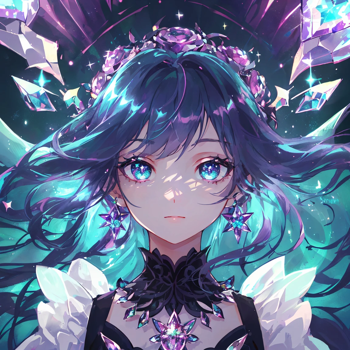 1 girl masterpiece, highest quality, shape, alexandrite eyes and hair, alexandrite earrings, alexandrite necklace,fairy, cute, (dynamic lighting:1.2), cinematic lighting, delicate features, fine eyes, sharp pupils, realistic student, written boundary depth, Bokeh, sharp focus, (very detailed, bloom, shine:1.4), lots of little gems