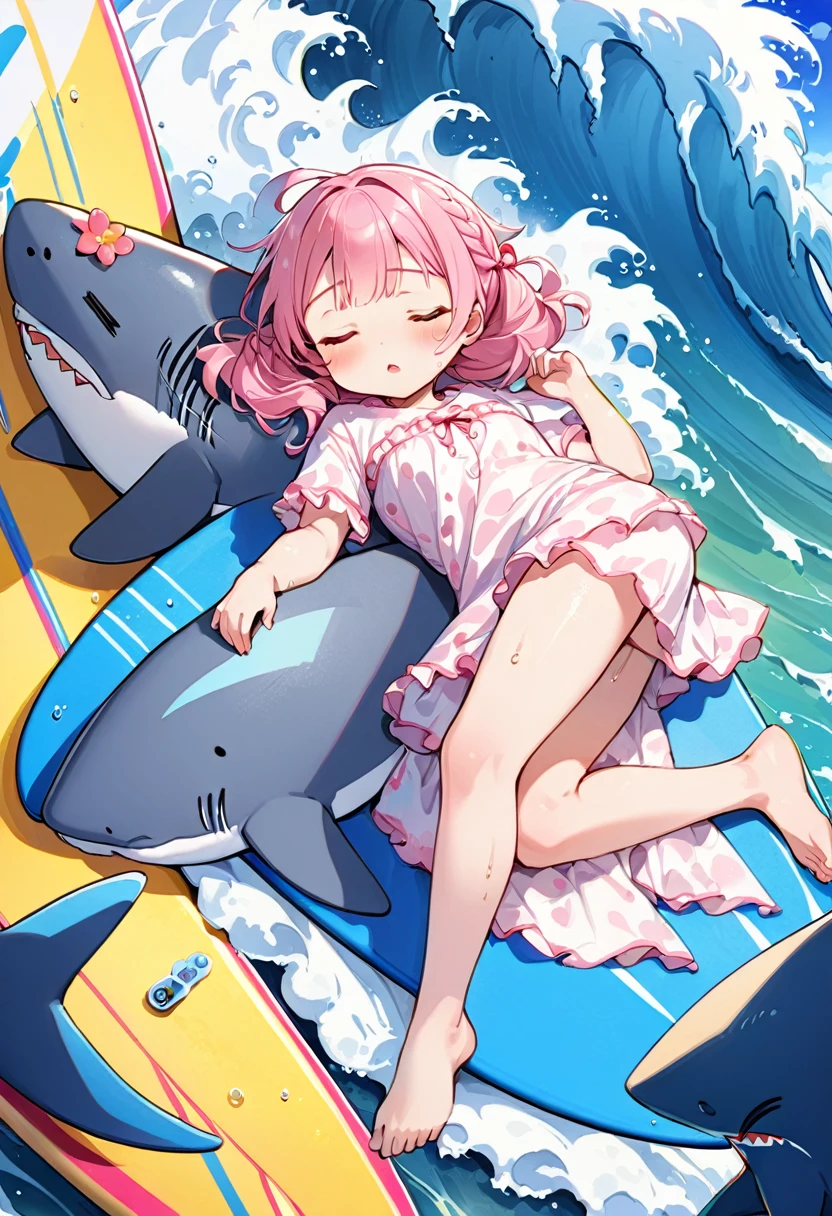 Highest quality、High resolution、Detailed Background、Beautiful face in every detail、Anatomically correct、Detailed facial expressions、fine grain、((full body, from front:1.2, side shot)), break　((One Girl:1.2)、(Chibi Girl:1.5))、Cute hair color、Big beautiful blue eyes、Fuller lips、Pink Lips、Braided twin tails、Ahoge、(Chibi Girl:1.2)、(Cute sleepwear、barefoot)、break　(((Sleeping on a surfboard:1.2、Lying on your back:1.2))、Sleeping with eyes closed:1.2)、Sweat、break　(Big waves in the background、blue sky)、（Giant shark swims）