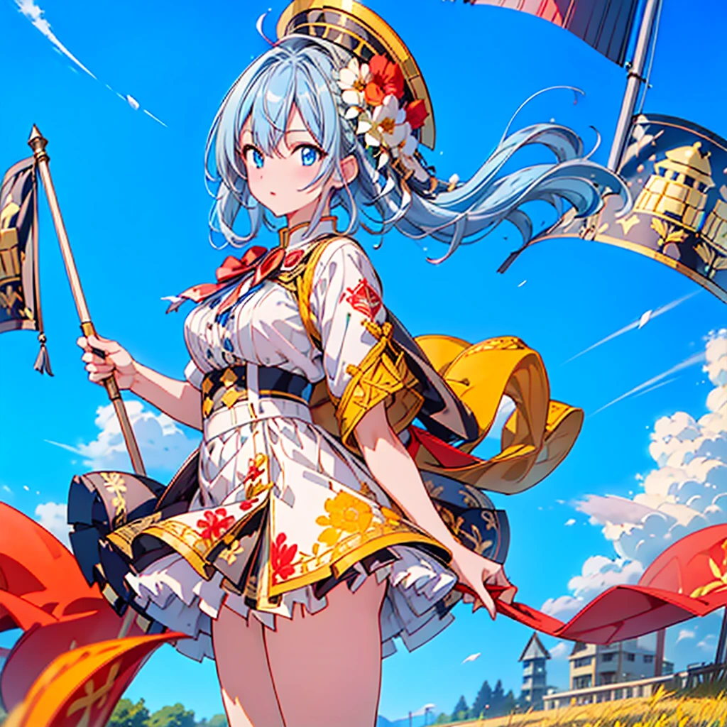 1girl、Dynamic composition、marching band、(((Masterpiece、Highest quality、Official Art、Super detailed、Handsome face、Dynamic composition)))、Anime Style、(Milky white and blue hair:1.3),(Blue eyes:1.4),(Bright colors:1.4),((Asanoha background:1.3)),, marching bandのユニフォームを着たクールな女の子, marching band hat、mini skirt, Frills, Black and white with gold embroidered flag held in both hands,(background:Large red flag on the back with gold floral embroidery, Note, )、euphonium、Huge Flag、